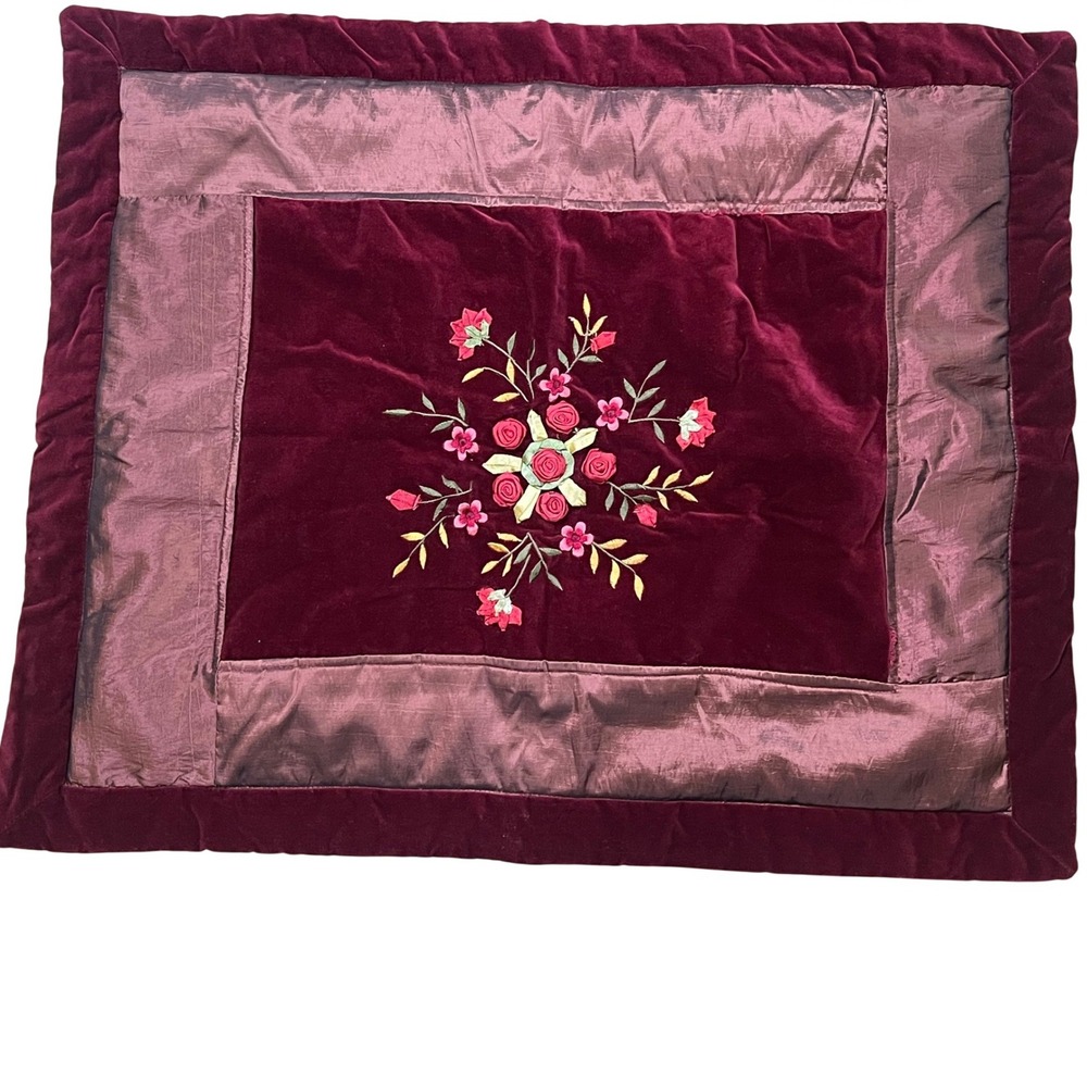 Pair Peking Handicraft Burgundy Velvet Ribbon Embroidery Standard Pillow Shams